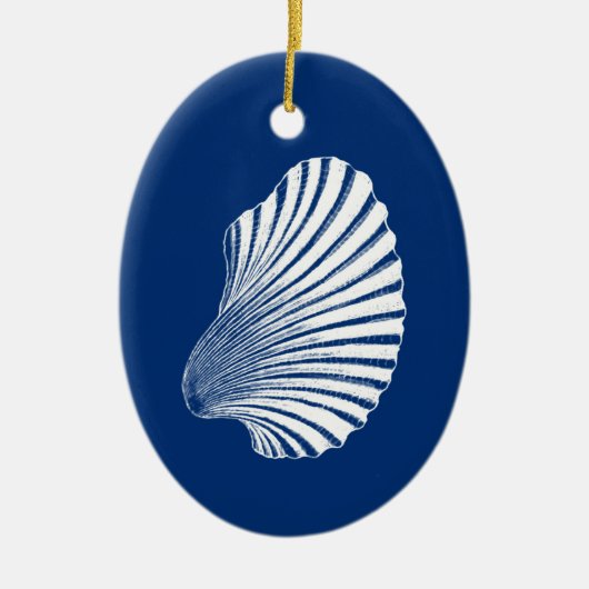 Scallop Shell Block Print, Cobalt Blue and White セラミックオーナメント (正面)