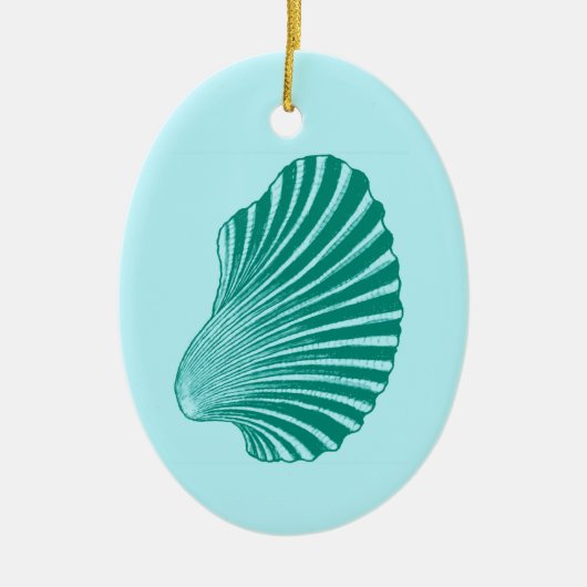 Scallop Shell Block Print, Turquoise and Aqua セラミックオーナメント (正面)