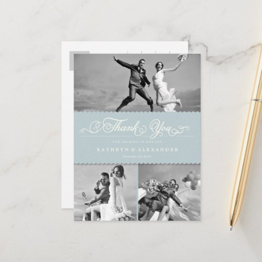 Scalloped BandとScript Photo結婚's Thank You ポストカード (正面/裏面インサイチュ)