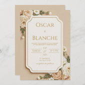 Scalloped Beige Ivory Floral Gilded Wedding 招待状 (正面/裏面)