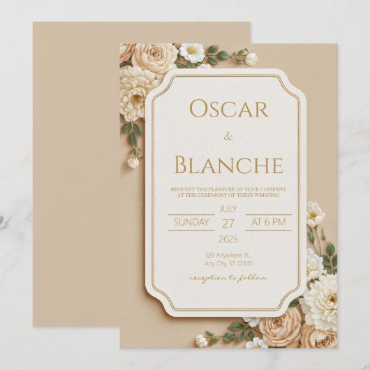 Scalloped Beige Ivory Floral Gilded Wedding 招待状 (正面/裏面)