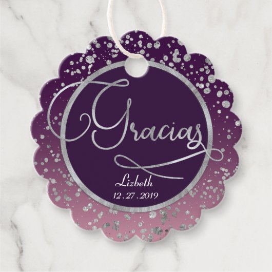 Scalloped Circle Gracias Note, Silver Thank フェイバータグ (正面)