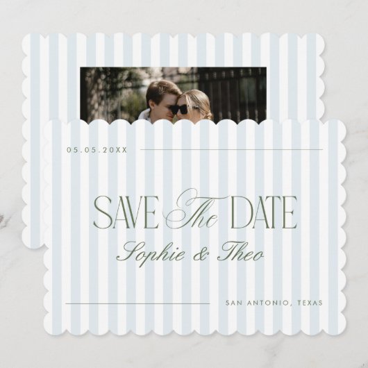 Scalloped Coastal Blue Sage Green Stripes Wedding セーブザデート (正面/裏面)