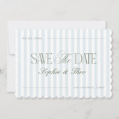 Scalloped Coastal Blue Sage Green Stripes Wedding セーブザデート (正面)