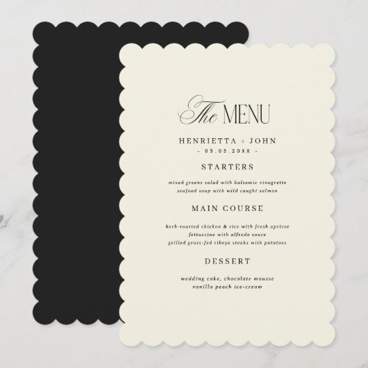 Scalloped Edge Ivory and Black Wedding Menu Card 招待状 (正面/裏面)