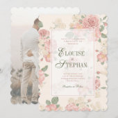 Scalloped Edge Pink & Green Vintage Roses Wedding 招待状 (正面/裏面)