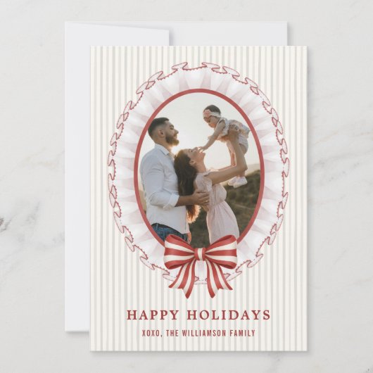 Scalloped Frame + Striped Bow Holiday Photo Card 招待状 (正面)