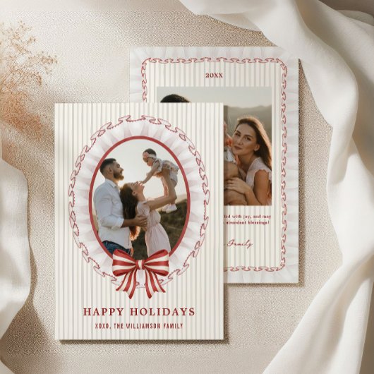 Scalloped Frame + Striped Bow Holiday Photo Card 招待状