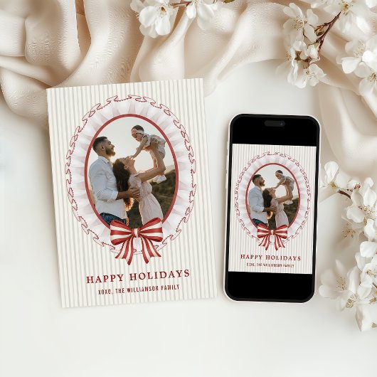 Scalloped Frame + Striped Bow Holiday Photo Card 招待状