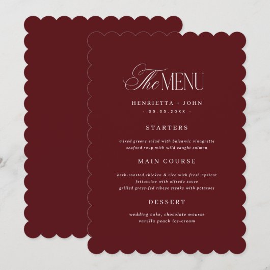 Scalloped Old Money Burgundy Wedding Menu Card 招待状 (正面/裏面)