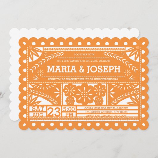 Scalloped Papel Picado Wedding Invite - Orange 招待状 (正面/裏面)