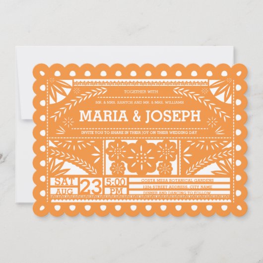 Scalloped Papel Picado Wedding Invite - Orange 招待状 (正面)