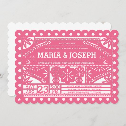Scalloped Papel Picado Wedding Invite - Pink 招待状 (正面/裏面)