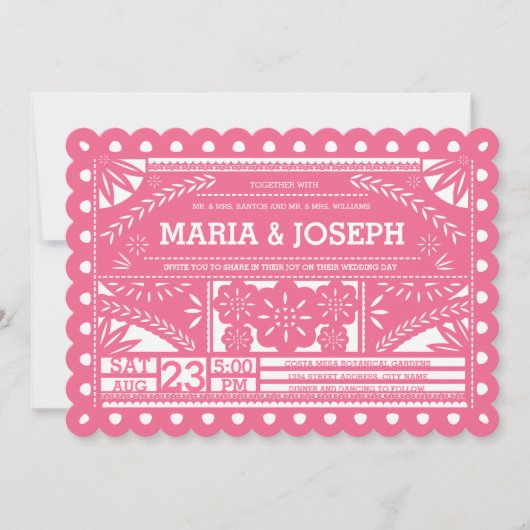 Scalloped Papel Picado Wedding Invite - Pink 招待状 (正面)