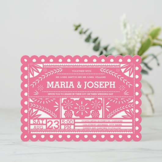 Scalloped Papel Picado Wedding Invite - Pink 招待状 (スタンド正面)