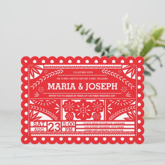 Scalloped Papel Picado Wedding Invite - Red 招待状 (スタンド正面)