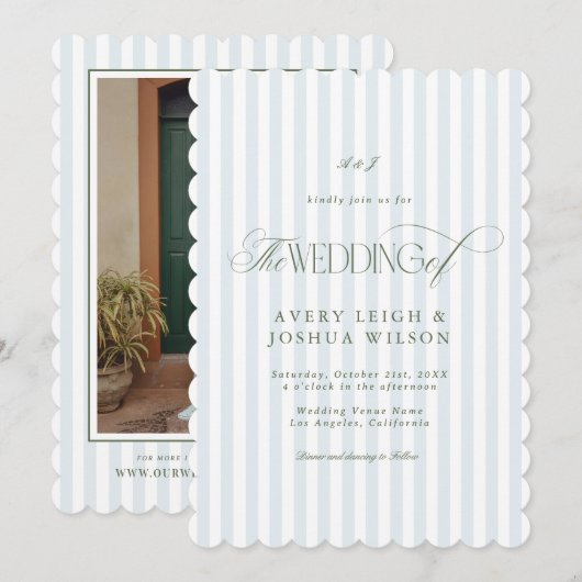 Scalloped Sage Green & Blue Stripes Classy Wedding 招待状 (正面/裏面)