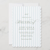 Scalloped Sage Green & Blue Stripes Classy Wedding 招待状 (正面)