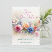 Scalloped Watercolor Flowers Script Save The Date セーブザデート (スタンド正面)