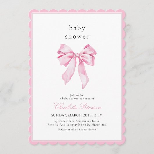 Scallopped Pink Bow Baby Shower Invitation 招待状 (正面)
