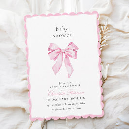 Scallopped Pink Bow Baby Shower Invitation 招待状