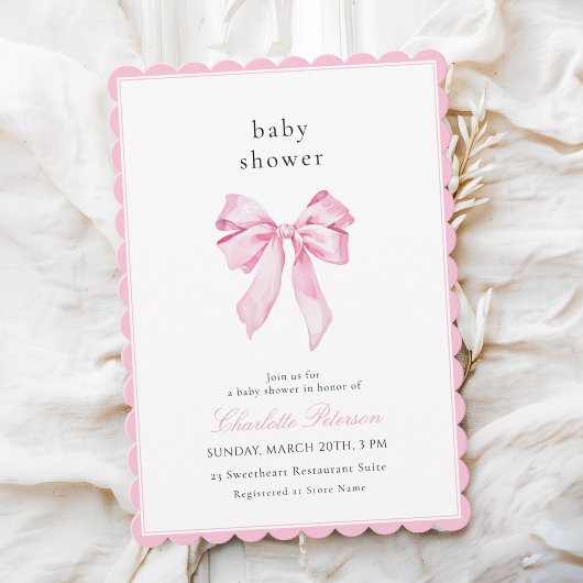 Scallopped Pink Bow Baby Shower Invitation 招待状
