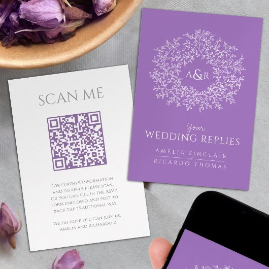 Scan me QR code wedding website monogram purple エンクロージャーカード
