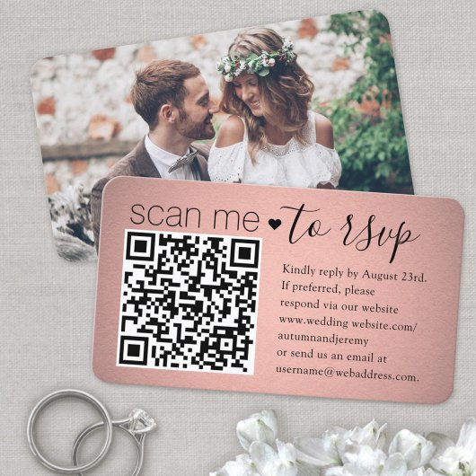Scan Me QR RSVPピンクローズ金ゴールド写真結婚s エンクロージャーカード