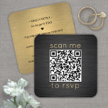 Scan Me QR RSVPブラック&金ゴールドスクエア結婚ズ エンクロージャーカード<br><div class="desc">RSVP応答をシンプル化し、シックなQRコード正方形エンクロージャカードを使用してモダン重要な詳細を提供する。すべてのシンプル文字はカスタマイズに対して、「RSVPに私をスキャンする」という文言を含む。ジェネレータを使用して独自のQRコードを作成するには、単にウェブサイトのURLをテンプレートに入力する。カードを携帯電話でスキャンすることにより、ゲストは招待に応結婚答するためにウェブサイトに直接送信される。オンラインのrsvpプロセス減らは、カードがメールに失った入る可能性がある。また、食事の選択、食物アレルギー、曲の要求など頼の詳細な情報を得ることができるように、より汎用性が高い。すべての応答情報を削除パーソナライズされたまたは削除できる。ブラックと金ゴールドのデザインは、ブラッフェイクシュ加工されたメタリックな背景とエレガントタイポグラフィを備えモダンている。金ゴールドは金属箔ではなく印刷色であることに注意して下さい。このカードはスタイリッシュお客頼様の結婚お祝いに親切に返信する方法である。</div>