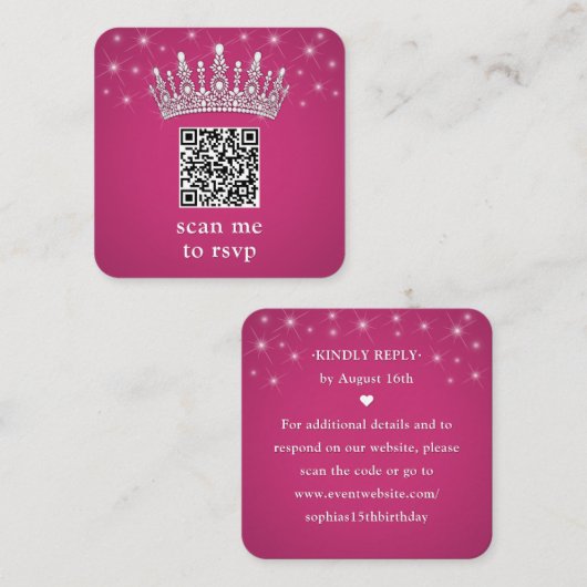 Scan Me QR RSVP Quinceañera Crown Fuschia Pink エンクロージャーカード (正面/裏面)
