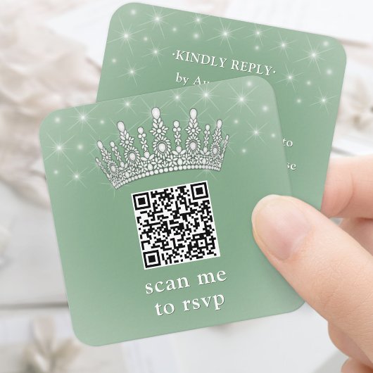 Scan Me QR RSVP Quinceañera Crown Sage Green エンクロージャーカード