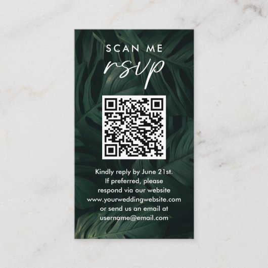 Scan Me RSVP Destination TropicalのQR結婚コード エンクロージャーカード (正面)