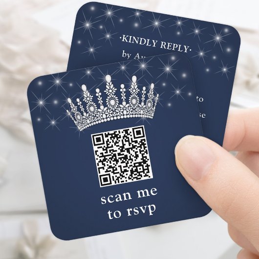 Scan Me RSVP QR Code Quinceañera Crown Navy Blue エンクロージャーカード