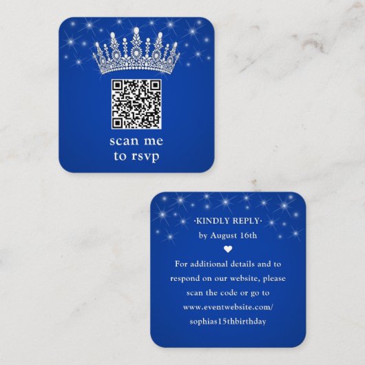 Scan Me RSVP QR Code Quinceañera Crown Royal Blue エンクロージャーカード (正面/裏面)