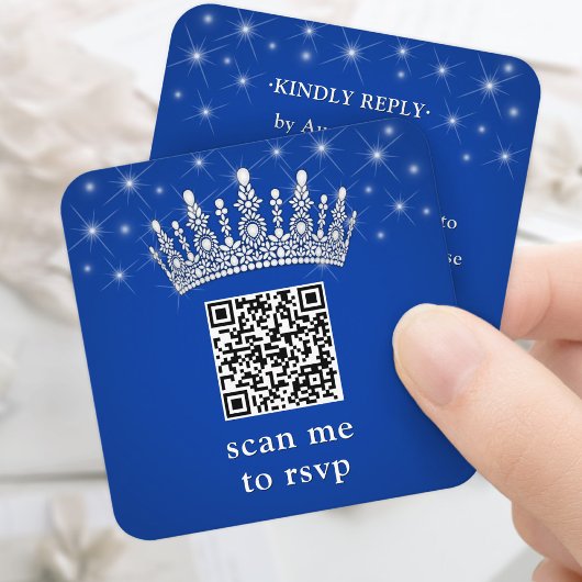 Scan Me RSVP QR Code Quinceañera Crown Royal Blue エンクロージャーカード
