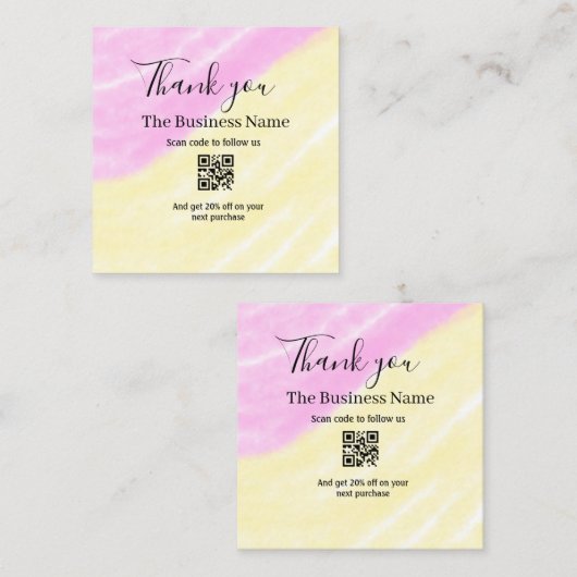 Scan QR to follow us thank you discount code pink  スクエア名刺 (正面/裏面)
