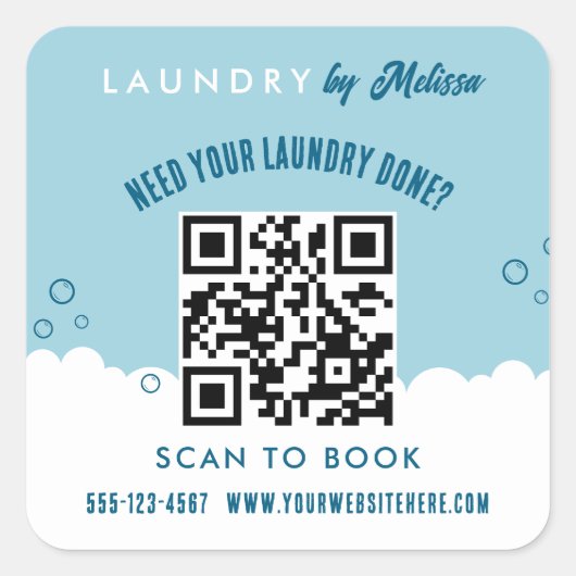 Scan To Book Laundry Service Blue & White QR Code スクエアシール (正面)