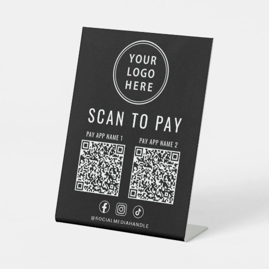 Scan to Pay 2 QR Codes Business Logo Black 台座サイン (正面)