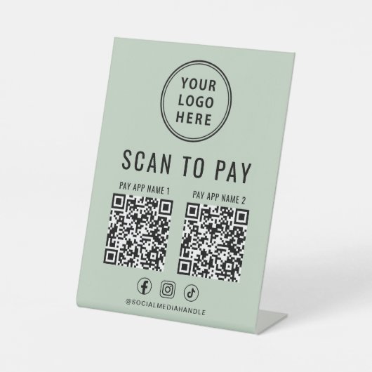 Scan to Pay 2 QR Codes Business Logo Sage Green 台座サイン (正面)