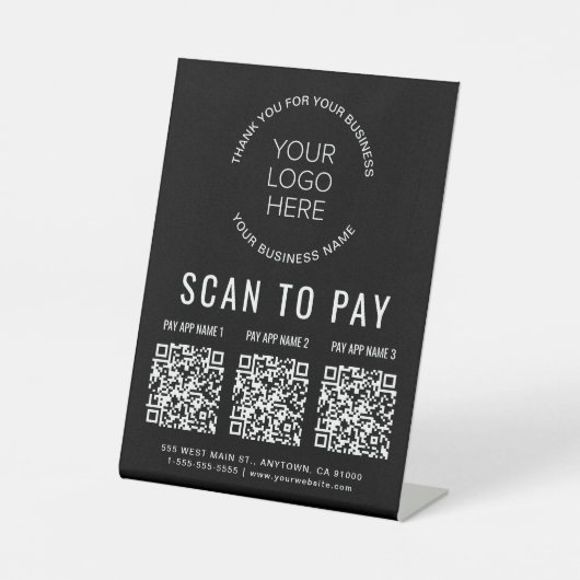 Scan to Pay 3 QR Codes Business Logo Black 台座サイン (正面)