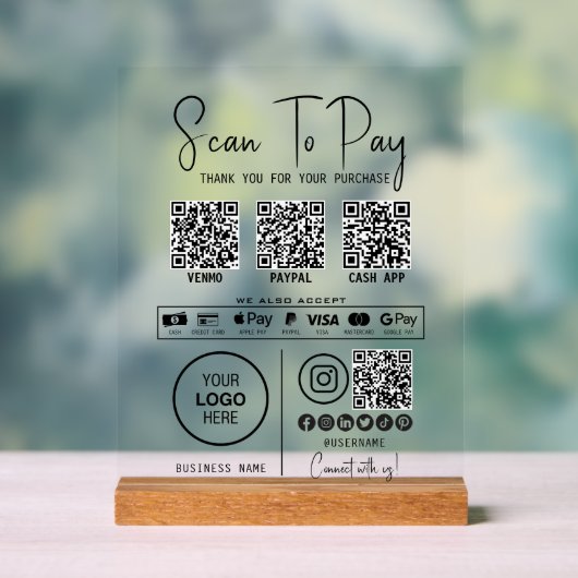 Scan To Pay Business Qr Code Payment Modern Black アクリルサイン (ニュートラル)