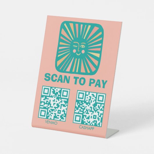 SCAN TO PAY QR 光る太陽 かわいい ピンク ティール 台座サイン (正面)