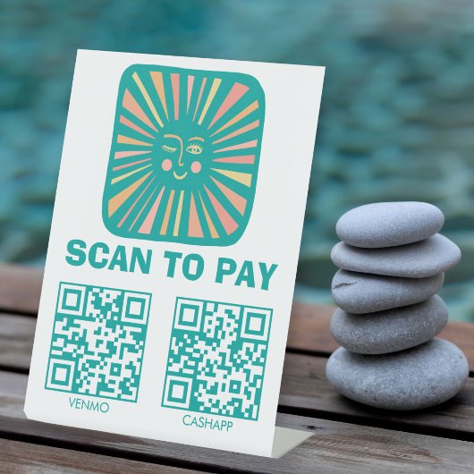 SCAN TO PAY QR 光る太陽 かわいい ピンク ティール 台座サイン