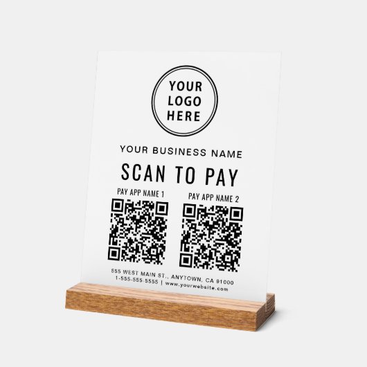 Scan to Pay QR Code White Tabletop アクリルサイン (傾斜)