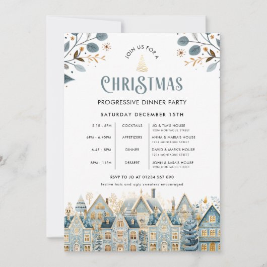 Scandi Blue Progressive Christmas Dinner Party 招待状 (正面)
