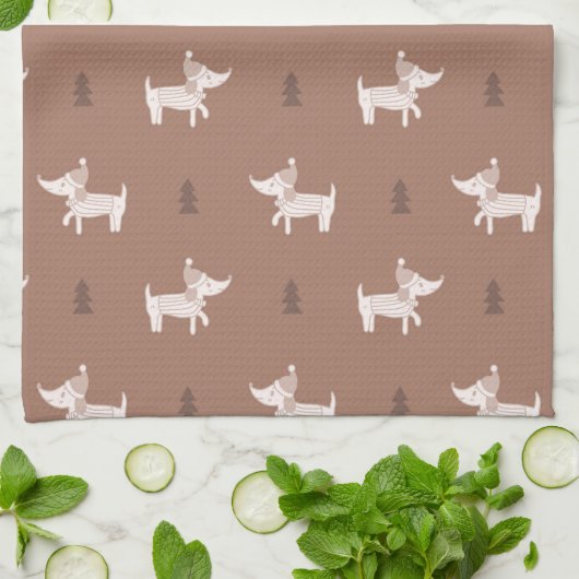 Scandi Dog & Christmas Trees Kitchen Towel キッチンタオル (折り畳み)