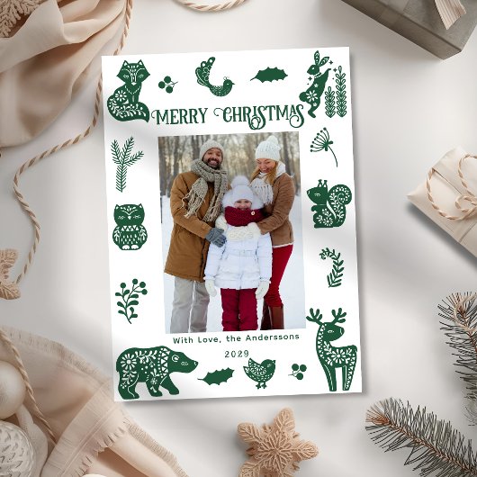 Scandi Folk Art Forest Woodland Animals Bird Photo シーズンカード