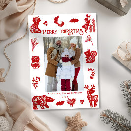 Scandi Folk Art Forest Woodland Animals Bird Photo シーズンカード