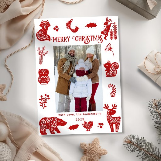 Scandi Folk Art Forest Woodland Animals Bird Photo シーズンカード