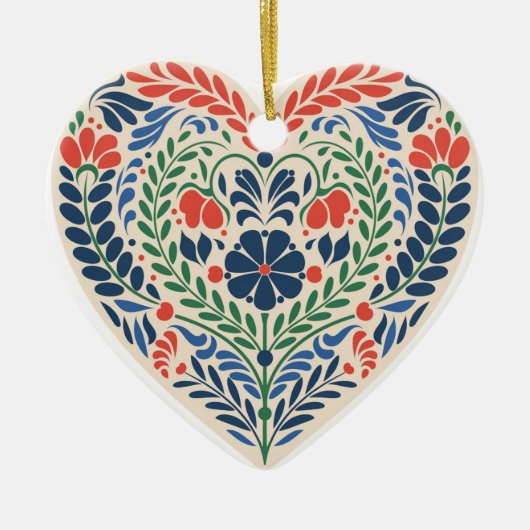 Scandi Heart – Swedish Folk Art Ornament セラミックオーナメント (正面)